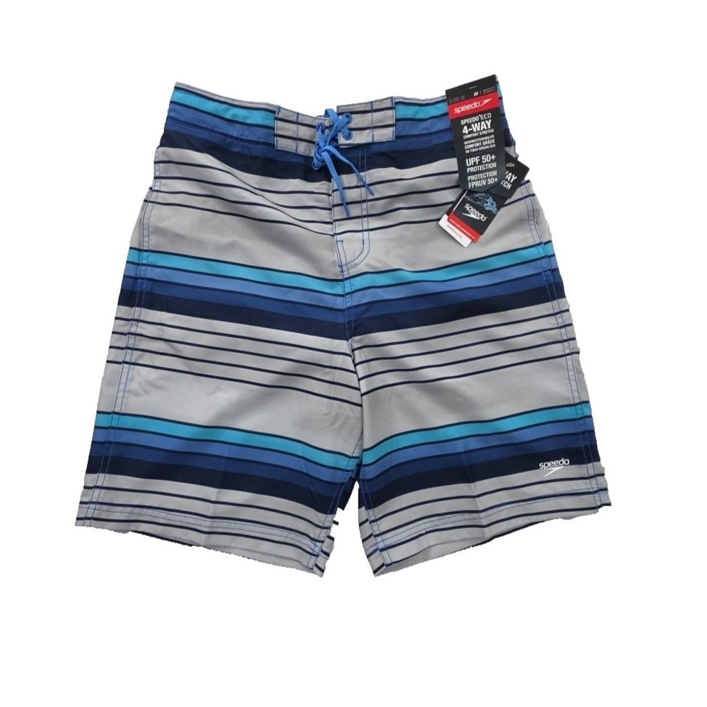 Speedo Swim Trunks Mens M 8" Inseam Blue White NEW NWT Elastic Waist Drawstring